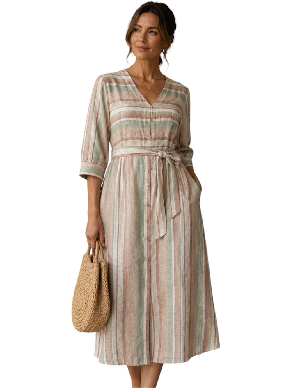 Soft Surroundings Arcata Linen Blend Maxi Dress Striped Button-Up Belted Sz PXL